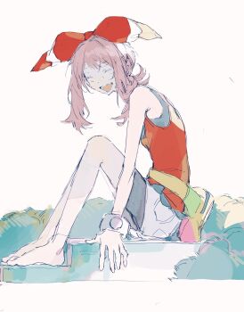 Rule 34 | 1girl, absurdres, bike shorts, bike shorts under shorts, bow hairband, brown hair, ciuchviicuq, closed eyes, dress, fanny pack, grass, hairband, headband, highres, may (pokemon), medium hair, mega ring, nintendo, open mouth, outdoors, pastel colors, pokemon, pokemon oras, red hairband, red shirt, sandals, shirt, shorts, simple background, sitting, sleeveless, smile, solo, white background, white shorts