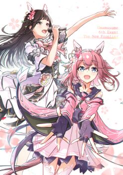 2girls :d absurdres animal_ears black_gloves black_hair blue_eyes bow bowtie brown_eyes brown_hair cherry_blossoms commentary_request copyright_name detached_sleeves ear_covers fake_animal_ears fingerless_gloves flower from_side gloves hair_between_eyes hair_flaps hair_flower hair_ornament highres holding holding_microphone horse_ears horse_girl horse_tail long_hair looking_at_viewer microphone mole mole_under_eye multiple_girls noguchi_ruriko open_mouth outstretched_arm pink_bow pink_bowtie purple_hair real_life ribbon-trimmed_sleeves ribbon_trim sakura_chiyono_o_(hinoshita_kaisan_hana_akari)_(umamusume) sakura_chiyono_o_(umamusume) sarasuty skirt smile tail trailblazer_bash!_(umamusume) umamusume voice_actor_connection white_skirt