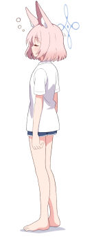 1girl alternate_costume alternate_hairstyle animal_ear_fluff animal_ears arms_at_sides bare_legs barefoot black_shorts blue_archive blue_halo blush casual closed_eyes commentary fox_ears fox_girl from_side full_body hair_down halo highres kneepits medium_hair motion_lines niko_(blue_archive) parted_lips pink_hair profile shirt short_sleeves shorts simple_background sleepy solo squeans standing white_background white_shirt zundamochi_(sera)