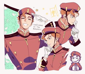 aqua_eyes burasto buttons closed_eyes closed_mouth commentary deadlock_(game) door doorman_(deadlock) double-breasted english_commentary finger_to_mouth formal_clothes freckles hat highres male_focus meme multiple_views open_mouth orange_hair portal_(object) red_hat red_suit running shushing suit