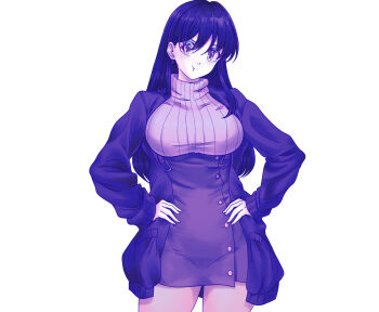 1girl big_sister_(navigavi) borrowed_character breasts brown_eyes choppy_bangs closed_mouth commentary commentary_request earrings english_commentary hair_between_eyes hands_on_own_hips highres jacket jewelry kurimako large_breasts long_hair long_sleeves looking_at_viewer mixed-language_commentary open_clothes open_jacket original pink_sweater pout purple_hair purple_jacket simple_background solo sweater underbust white_background