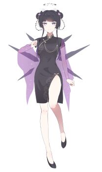 1girl absurdres alternate_costume arknights black_dress black_hair black_halo black_shoes black_wings china_dress chinese_clothes clip_studio_paint_(medium) commentary detached_wings double_bun dress full_body hair_bun halo highres koga_w0k looking_at_viewer purple_eyes shoes short_dress short_sleeves simple_background solo standing standing_on_one_leg virtuosa_(arknights) white_background wings