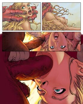 1boy 1girl blonde_hair bokoblin breasts captured defeat fellatio green_eyes hetero highres irrumatio lips long_hair mainlyonhorn nintendo nipples nude open_mouth oral panels penis pointy_ears princess princess_zelda rape scared teeth testicle_hair testicles the_legend_of_zelda the_legend_of_zelda:_breath_of_the_wild upper_teeth_only veins veiny_penis