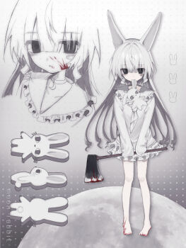 Rule 34 | 1girl, absurdres, animal ears, axe, barefoot, black eyes, blood, blood on axe, blood on face, frilled shirt collar, frilled skirt, frills, hayu (hayu0305), highres, holding, holding axe, long hair, long sleeves, looking at viewer, miniskirt, mouth hold, multiple views, original, rabbit, rabbit ears, rabbit girl, shirt, skirt, white hair, white shirt, white skirt