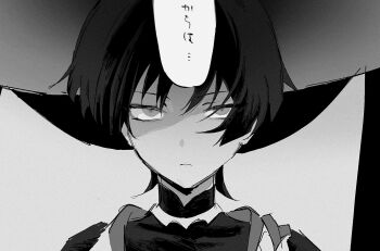 1boy blunt_ends bodysuit closed_mouth genshin_impact glaring greyscale hat highres japanese_clothes jewelry jingasa kimono l2_hh7 looking_at_viewer male_focus mandarin_collar monochrome neck_ring portrait rope scaramouche_(genshin_impact) scene_reference shimenawa solo speech_bubble straight-on translation_request tsurime veil wispy_bangs