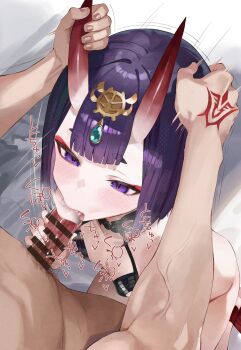 1boy 1girl :&gt;= absurdres bar_censor blunt_bangs blush bob_cut breasts censored eyeliner fate/grand_order fate_(series) fellatio fingernails grabbing_another&#039;s_horns gradient_horns hand_on_another&#039;s_head hetero highres horn_grab horns makeup multicolored_horns oni oral penis purple_eyes purple_hair red_horns short_eyebrows short_hair shuten_douji_(fate) skin-covered_horns small_breasts sound_effects suujiniku veins veiny_arms