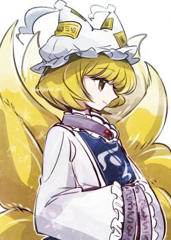 Rule 34 | 1girl, blonde hair, blue tabard, commentary, dress, fox girl, fox tail, frilled sleeves, frills, hat, highres, looking to the side, mob cap, multiple tails, ofuda, ofuda on clothes, profile, short hair, solo, tabard, tail, tama (hiroshige 36), touhou, twitter username, white dress, white hat, yakumo ran, yellow eyes