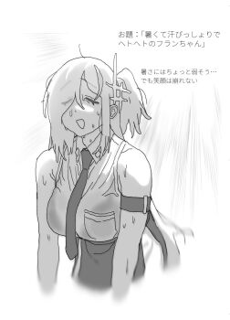 1girl bra_visible_through_clothes breast_pocket breasts closed_eyes collared_shirt commentary_request fran_(plumeriafran) furrowed_brow greyscale hair_over_one_eye highres hot large_breasts light_rays monochrome necktie open_mouth original plumeriafran pocket see-through_clothes see-through_shirt shirt skirt sleeveless sleeveless_shirt sunlight sweat translation_request translucent_hair u_u wet wet_clothes wet_shirt