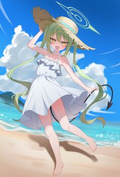1girl absurdres bare_arms bare_shoulders barefoot beach black_tail blue_archive cloud commentary_request day demon_tail dress fang full_body green_hair green_halo halo hand_on_headwear hat highres long_hair looking_at_viewer nozomi_(blue_archive) ocean open_mouth outdoors pointy_ears sidelocks skin_fang skirt sky sleeveless sleeveless_dress smile solo straw_hat sun_hat sundress tail twintails user_shjm4774 white_dress yellow_eyes