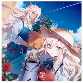 1boy 1girl apron blue_apron blue_eyes blue_sky bow bowtie brown_gloves building cellphone chaldea_logo cloud cloudy_sky collared_shirt commentary_request fate/grand_order fate_(series) flower flower_pot gardening gloves glowing glowing_markings green_eyes hat holding holding_flower_pot holding_plant holding_watering_can husband_and_wife kriemhild_(fate) light_smile long_hair looking_at_viewer meiji_ken mole mole_under_eye official_art phone plant potted_plant red_apron red_flower red_rose rose scar scar_on_face shirt shooting_star siegfried_(fate) sky sleeves_rolled_up smartphone smile star_(sky) sun_hat tools watering_can wavy_hair white_hair white_shirt