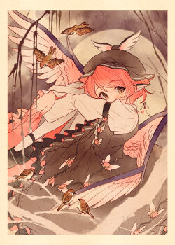1girl absurdres animal_ears bird bird_ears bird_wings black_shoes blush border branch brown_border brown_dress brown_eyes brown_hat commentary_request dress feathered_wings hat highres knees_to_chest long_sleeves looking_at_viewer masanaga_(tsukasa) mob_cap mystia_lorelei pantyhose pink_hair shirt shoes short_hair solo sparrow touhou white_pantyhose white_shirt winged_hair_ornament wings