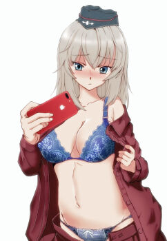 1girl black_hat blue_bra blue_eyes blue_panties blurry blush bow bow_panties bra breasts cellphone cleavage commentary_request dress_shirt frown garrison_cap girls_und_panzer grey_hair hat holding holding_phone iphone itsumi_erika kuromorimine_military_uniform long_hair looking_at_viewer medium_breasts military military_hat military_uniform nakamura_3sou navel open_clothes open_shirt panties phone red_shirt selfie shirt smartphone solo standing underwear upper_body