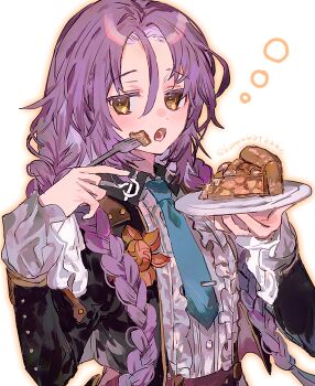 1girl apple_pie blue_necktie braid butler clorica_(rune_factory) corset crossdressing crossdressing_(ftm) eating female_butler food fork holding holding_fork holding_plate juliet_sleeves long_hair long_sleeves looking_at_viewer necktie pie pie_slice plate puffy_sleeves purple_corset purple_hair rune_factory rune_factory_4 shourou_kanna solo squeans twin_braids white_background yellow_eyes