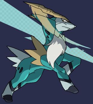 :&lt; artist_request cobalion full_body gen_5_pokemon horns jumping legendary_pokemon looking_at_viewer nintendo no_humans pokemon pokemon_(creature) serious shaded_face solo white_fur yellow_eyes