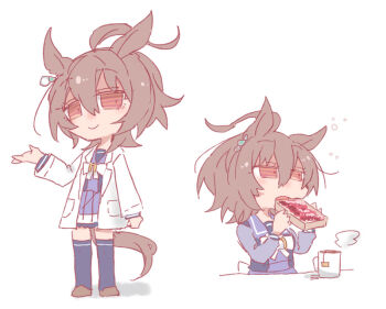 Rule 34 | 1girl, agnes tachyon (umamusume), ahoge, animal ears, beer hsk, bow, bread, bread slice, brown eyes, brown hair, brown shoes, chibi, closed mouth, commentary request, cup, food, hair between eyes, holding, holding food, horse ears, horse girl, horse tail, lab coat, long sleeves, mug, multiple views, open clothes, open mouth, pleated skirt, puffy long sleeves, puffy sleeves, purple shirt, purple skirt, purple thighhighs, school uniform, shirt, shoes, simple background, skirt, steam, tail, teabag, thighhighs, toast, tracen school uniform, umamusume, white background, white bow