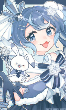 >_o 1girl 2025 animal aqua_hair blue_dress blue_eyes blue_gloves blue_hair blush character_name cloth_gag commentary_request crystal_hair_ornament dress ear_piercing fang gag gagged gloves hair_between_eyes hair_ornament hatsune_miku highres improvised_gag long_hair looking_at_viewer mei145 multicolored_hair one_eye_closed piercing rabbit rabbit_yukine sleeveless sleeveless_dress smile snowflake_hair_ornament twintails upper_body very_long_hair vocaloid white_hair yuki_miku yuki_miku_(2025)