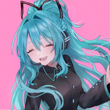 Rule 34 | 1girl, aqua hair, aqua skirt, black jacket, black ribbon, blush, braid, closed eyes, commentary, double-parted bangs, flipped hair, h raj (pixiv 93311327), hair between eyes, hair ribbon, half up braid, hatsune miku, hatsune miku (if), headphones, headset, highres, jacket, long hair, long sleeves, looking at viewer, miniskirt, pink background, plaid clothes, ponytail, ribbon, shirt, simple background, skirt, smile, solo, striped ribbon, upper body, very long hair, vocaloid, watermark