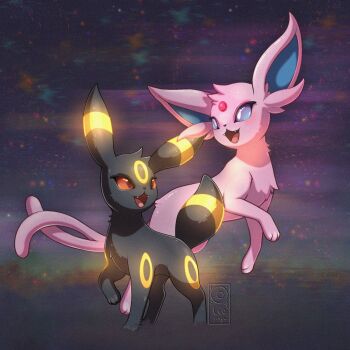 Rule 34 | animal focus, bright pupils, colored sclera, commentary, english commentary, espeon, fangs, forehead jewel, forked tail, gen 2 pokemon, glowing, glowing markings, highres, jumping, leoiruga, nintendo, no humans, pokemon, pokemon (creature), pokemon focus, purple eyes, red eyes, red sclera, smile, standing, tail, umbreon, white pupils