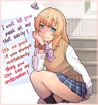 1girl alternate_costume annoyed arm_scrunchie black_socks blonde_hair blue_background blue_skirt blush border bow bowtie bridget_(guilty_gear) brown_vest bulletin_board clenched_hand closed_mouth commentary double-parted_bangs elbow_on_knee english_text feet_out_of_frame frown genderswap genderswap_(mtf) green_eyes guilty_gear hair_intakes hand_on_own_cheek hand_on_own_face highres indoors knee_up light_rays long_hair long_sleeves looking_at_viewer pink_border plaid_bow plaid_bowtie plaid_clothes plaid_skirt pleated_skirt polka_dot polka_dot_background polka_dot_scrunchie purple_bow purple_bowtie red_scrunchie school_uniform scrunchie shirt sidelighting sitting skirt socks solo split_mouth squiggle stairs sugajyun sweatdrop symbol-only_commentary typo v-shaped_eyebrows vest vignetting white_background white_shirt