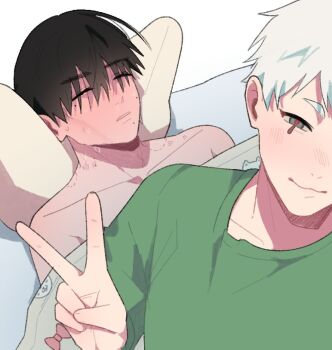 2boys aftersex bed_sheet bite_mark bite_mark_on_shoulder black_hair blush brainrot_potato closed_eyes collarbone exhausted green_shirt guy_tired_after_sex_(meme) hikaru_ga_shinda_natsu implied_yaoi indou_hikaru lying male_focus meme mole mole_on_cheek mole_on_neck mole_under_eye mole_under_mouth multiple_boys multiple_moles on_back on_bed selfie shirt short_hair tsujinaka_yoshiki upper_body v white_hair white_shirt