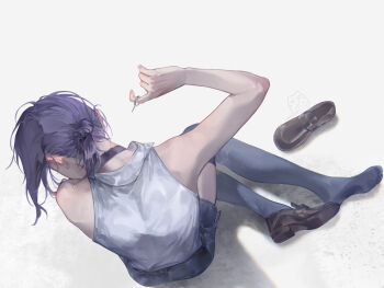 1girl absurdres black_choker black_shoes black_shorts chainsaw_man choker cowboy_shot folded_ponytail grenade_pin grey_shirt highres purple_hair purple_thighhighs reze_(chainsaw_man) shadow shirt shoes short_hair shorts simple_background single_shoe sitting sleeveless sleeveless_shirt solo thighhighs unworn_shoes variant_set white_background white_shirt yokozuwari you_yeyou0904