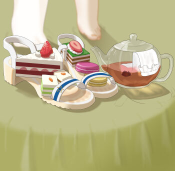 1girl absurdres asu_no_suisei barefoot cake cake_slice feet food highres macaron sandals shoes socks sweets tea teapot toes unworn_sandals unworn_shoes unworn_socks white_socks