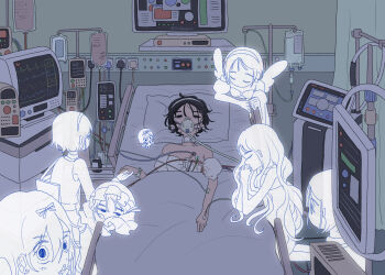 6+girls alien_stage angel_wings bed black_hair blanket blood blood_on_clothes chinese_commentary coldmeow commentary dark detached_sleeves dress hairband half-closed_eyes highres hospital hospital_bed indoors looking_at_another multiple_girls multiple_persona on_bed oxygen_mask pillow puffy_short_sleeves puffy_sleeves purple_eyes short_hair short_sleeves sua_(alien_stage) white_dress white_hairband wings