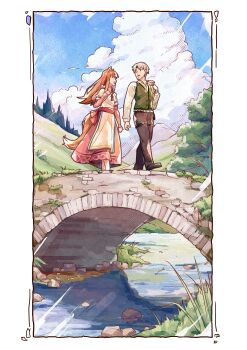 1boy 1girl absurdres apron blue_sky border brown_hair brown_pants cloud cloudy_sky craft_lawrence day green_vest grey_hair highres holding holo long_hair long_sleeves looking_at_another marutenmaruten open_mouth outdoors pants pink_skirt reflection reflective_water scenery shadow shirt short_hair sidelocks sketch skirt sky spice_and_wolf stone_bridge tail vest white_border white_shirt wolf_girl wolf_tail