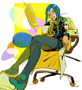 1girl black_dress blue_eyes blue_hair borcheim breasts chair coat dress earrings gen_4_pokemon glasses hair_rings highres jewelry lab_coat lipstick long_hair long_sleeves looking_at_viewer mable_(pokemon) makeup necktie nintendo on_chair open_clothes open_coat pantyhose parted_lips pokemon pokemon_(creature) pokemon_legends:_z-a red_lips rotom rotom_phone safety_glasses shoes sitting tablet_pc white_coat