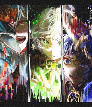 1girl 2boys black_background black_hat blue_jingasa bright_pupils choppy_bangs closed_mouth column_lineup commentary_request cross-shaped_pupils crossed_bangs dottore_(genshin_impact) dress eyelashes eyeliner film_grain gem genshin_impact glitch glitch_art gold green_gem half_mask hat highres innagaja jingasa korean_commentary looking_at_viewer looking_to_the_side makeup mask multiple_boys nahida_(genshin_impact) open_mouth pointy_ears purple_eyes purple_hair red_eyeliner red_eyes red_gem red_hat scaramouche_(genshin_impact) symbol-shaped_pupils teeth tsurime twitter_username two-tone_hat variant_set wanderer_(genshin_impact) white_dress white_hair white_pupils