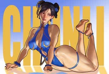 Rule 34 | 1girl, absurdres, anklet, arm support, barefoot, black hair, blue one-piece swimsuit, bracelet, braid, braided hair rings, breasts, capcom, character name, chun-li, cleavage, cloudy rain4, double bun, earrings, feet, feet up, flower, hair bun, hair flower, hair ornament, hair rings, highleg, highleg one-piece swimsuit, highres, jewelry, looking to the side, official alternate costume, official alternate hairstyle, one-piece swimsuit, smile, solo, street fighter, street fighter 6, swimsuit, wide hips