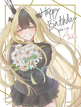 Rule 34 | anku (reverseblue), black bow, black crown, black hair, black skirt, black sweater, blonde hair, bouquet, bow, character name, crown, dated, flower, green eyes, hair bow, happy birthday, highres, holding, holding bouquet, long hair, miniskirt, multicolored hair, official alternate costume, pleated skirt, reverseblue x re-birthend, skirt, sui ma33, sweater, two-tone hair, very long hair
