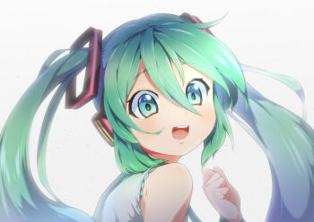 1girl 310123 aqua_eyes aqua_hair commentary_request hair_ornament hand_up hatsune_miku headphones highres long_hair looking_back open_mouth portrait shirt sleeveless sleeveless_shirt smile solo twintails vocaloid