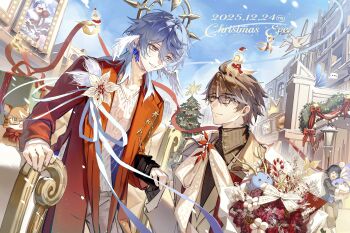 ... 1girl 2boys absurdres alternate_costume animalization black-framed_eyewear black_gloves blue_hair blue_pupils bouquet brooch brown_eyes brown_hair brown_sweater cable_knit cameo candy candy_cane cat chinese_commentary christmas christmas_tree closed_mouth coat commentary_request couple dated day dutch_angle earrings eyes_visible_through_hair flower food glasses gloves grey_pants grin hair_between_eyes hair_over_shoulder halo happy head_wings highres holding holding_bouquet holding_hands honkai:_star_rail honkai_(series) jewelry kapianshenshi lamppost long_sleeves looking_at_another male_focus medium_hair multicolored_hair multiple_boys open_clothes open_coat origami_bird_(honkai:_star_rail) outdoors pants person_and_animalization rectangular_eyewear red_coat robin_(honkai:_star_rail) robin_(robird)_(honkai:_star_rail) smile snow speech_bubble spoken_ellipsis streaked_hair sunday_(honkai:_star_rail) sweater turtleneck turtleneck_sweater vest welt_yang white_streaks white_sweater white_vest wings winter_clothes yaoi yellow_eyes