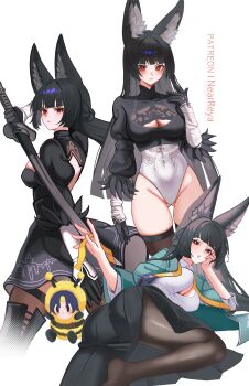 1girl 2b_(nier:automata) 2b_(nier:automata)_(cosplay) absurdres alternate_costume animal_ear_fluff animal_ears aqua_jacket artist_name asaba_harumasa bee black_gloves black_hair black_necktie black_skirt black_thighhighs blush breasts brown_thighhighs bug by_nearreya cleavage cleavage_cutout closed_mouth clothing_cutout commentary cosplay covered_navel cowboy_shot english_commentary feather-trimmed_sleeves feet fox_ears fox_girl gloves gluteal_fold headband highleg highleg_leotard highres holding holding_sword holding_weapon hoshimi_miyabi insect jacket juliet_sleeves katana leotard long_hair long_sleeves looking_at_viewer lying necktie nier:automata nier_(series) on_side patreon_username puffy_sleeves red_eyes shirt short_hair sidelocks simple_background skirt smile solo standing sword thigh_strap thighhighs weapon white_background white_leotard white_shirt yellow_headband zenless_zone_zero