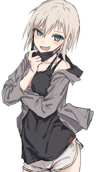 1girl :d aoba_moca bang_dream! bang_dream!_girls_band_party! black_camisole black_mask blue_eyes blush camisole commentary cowboy_shot dolphin_shorts grey_hair grey_jacket grey_shorts highres hood hood_down hooded_jacket jacket long_sleeves looking_at_viewer mask mask_pull mouth_mask open_clothes open_jacket open_mouth short_shorts shorts simple_background single_bare_shoulder single_off_shoulder smile smirk solo white_background yukitake_(bullfalk)