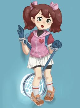 1girl against_wall bike_shorts bike_shorts_under_skirt brown_hair gloves green_eyes highres legs looking_at_viewer net open_mouth saru_getchu sayaka_(saru_getchu) skirt smile solo sony thighs twintails