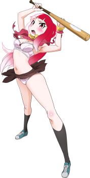 1girl akiba&#039;s_trip akiba&#039;s_trip_the_animation armpits arms_up baseball_bat blush bra breasts cleavage embarrassed full_body highres holding holding_baseball_bat kneehighs long_hair looking_at_viewer mayonaka_matome medium_breasts miniskirt multicolored_hair navel official_art open_mouth panties pantyshot pleated_skirt red_eyes red_hair shoes skirt sneakers socks solo standing torn_clothes transparent_background two-tone_hair underwear white_bra white_hair white_panties wind wind_lift