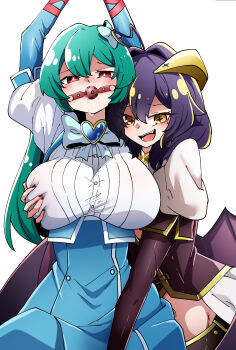2girls absurdres ball_gag black_corset caseee999 corset demon_girl demon_horns demon_wings gag grabbing_another&#039;s_breast green_hair groping highres hiiragi_utena horns looking_at_viewer magia_azure magia_baiser magical_girl mahou_shoujo_ni_akogarete medium_hair minakami_sayo multiple_girls open_mouth purple_hair red_eyes shirt white_shirt wings yellow_eyes yuri