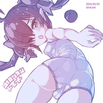 1girl ;o ahoge ass backbeako_(torotei) backbeard black_hair black_ribbon blush breasts cameltoe commentary cowboy_shot dated dated_commentary eyes_visible_through_hair from_behind gegege_no_kitarou hair_over_one_eye hair_ribbon kono_lolicon_domome loli long_hair looking_at_viewer looking_back one-piece_swimsuit one_eye_closed open_mouth original paid_reward_available pointy_ears red_eyes ribbon ringed_eyes school_swimsuit simple_background small_breasts solo swimsuit torotei translated twintails watermark web_address white_background white_one-piece_swimsuit