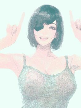 1girl 8thcorpse arms_up black_hair breasts chainsaw_man cow_horns eyepatch gesture grey_tank_top highres himeno_(chainsaw_man) horns large_breasts looking_at_viewer pointing pointing_up short_hair smile tagme tank_top