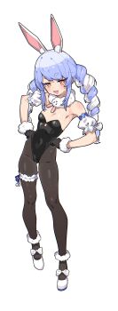1girl absurdres animal_ear_fluff animal_ears ankle_cuffs black_gloves black_leotard black_pantyhose blue_hair blush bow braid breasts contrapposto covered_navel detached_sleeves don-chan_(usada_pekora) extra_ears footwear_bow frilled_thigh_strap fugota6509 full_body fur-trimmed_gloves fur_trim gloves groin hair_bow hands_on_own_hips hashtag-only_commentary heart highres hololive jitome leotard long_hair looking_at_viewer multicolored_hair open_mouth orange_eyes pantyhose playboy_bunny puffy_sleeves rabbit-shaped_pupils rabbit_ears rabbit_girl shoes sidelocks simple_background small_breasts solo symbol-shaped_pupils thigh_strap twin_braids twintails two-tone_hair usada_pekora virtual_youtuber white_background white_bow white_hair white_shoes white_sleeves