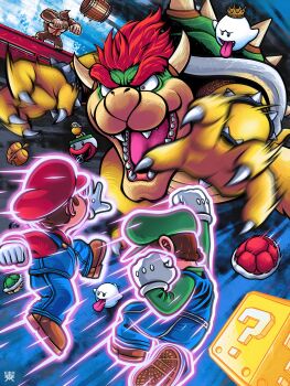 5boys ?_block absurdres barrel boo_(mario) bowser brothers brown_hair bullet_bill claws donkey_kong facial_hair ghost gloves green_shell_(mario) hat highres horns jumping king_boo koopa_clown_car looking_at_another luigi male_focus mario mario_(series) multiple_boys mustache nintendo red_hair red_shell_(mario) siblings spiked_shell super_mario_bros._1 the_super_mario_bros._movie