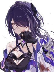 Rule 34 | 1girl, acheron (honkai: star rail), armor, bandaged arm, bandages, black gloves, blood, blood on clothes, bloody tears, breasts, cleavage, closed mouth, coat, commentary request, criss-cross halter, detached sleeves, diamond-shaped pupils, diamond (shape), dried blood, gloves, hair ornament, halterneck, highres, honkai: star rail, honkai (series), iim qum, large breasts, long hair, looking down, multicolored hair, purple eyes, purple hair, shoulder armor, simple background, single bare shoulder, single detached sleeve, solo, streaked hair, symbol-shaped pupils, upper body, white background, white coat, wiping face