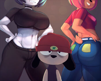 1boy 2girls ass beanie black_hair breasts choker crop_top denim drawfag furry grin groin hand_on_own_hip hat head_out_of_frame highres jeans lammy_(um_jammer_lammy) large_breasts midriff multiple_girls navel orange_hair pants parappa parappa_the_rapper rammy_(um_jammer_lammy) short_hair smile spakka5 tail third-party_edit toned toned_female toned_stomach um_jammer_lammy