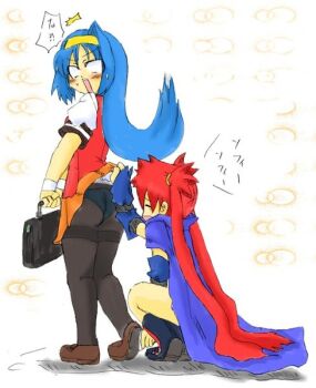 2girls :o aq_interactive arcana_heart atlus blue_hair clothes_lift examu long_hair multiple_girls red_hair scharlachrot skirt skirt_lift stalking surprised tsuzura_saki
