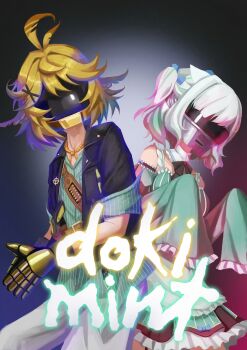 2girls absurdres black_jacket blonde_hair chada_ijwtmcs cosplay daft_punk dokibird dress gradient_hair green_dress green_hair green_shirt guy-manuel_de_homem-christo guy-manuel_de_homem-christo_(cosplay) hair_ornament helmet highres indie_virtual_youtuber jacket logo_parody medium_hair mint_fantome multicolored_hair multiple_girls pants shirt sleeves_past_fingers sleeves_past_wrists striped_clothes striped_shirt thomas_bangalter thomas_bangalter_(cosplay) virtual_youtuber white_hair white_pants x_hair_ornament