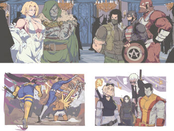 ass ben_grimm blonde_hair blue_eyes blue_lips bodysuit breasts bucky_barnes cape captain_america:_the_winter_soldier captain_america_(series) choker cleavage colossus_(x-men) doctor_doom earrings emma_frost fantastic_four gloves highres jewelry johnny_storm large_breasts long_hair makeup marvel marvel_rivals mechanical_arms michel_teru monkey multicolored_bodysuit prosthesis prosthetic_arm reed_richards short_hair single_mechanical_arm smile sue_storm superhero_costume two-tone_bodysuit ultron winter_soldier x-men