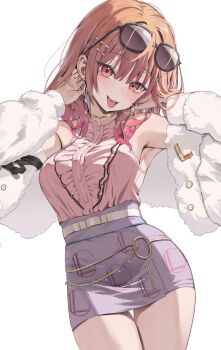 1girl absurdres ahoge armpits blouse breasts center_frills commentary earrings eyewear_on_head frills fur_jacket gold_choker gradient_hair hair_ornament hairclip highres hololive hololive_dev_is ichijou_ririka ichijou_ririka_(1st_costume) jacket jewelry long_hair looking_at_viewer medium_breasts miniskirt multicolored_hair off_shoulder open_mouth orange_eyes orange_hair pencil_skirt pink_hair pink_shirt purple_skirt scarlet_(wv0102) shirt shirt_tucked_in simple_background skirt sleeveless sleeveless_shirt solo sunglasses symbol-only_commentary tongue tongue_out virtual_youtuber white_background white_jacket