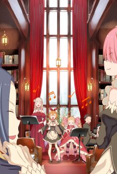 beatrice_(re:zero) black_hair blonde_hair blue_hair book commentary_request dress emilia_(re:zero) highres hikimori_hikiko indoors lantern maid music natsuki_subaru orange_hair pantyhose petra_leyte pink_hair ram_(re:zero) re:zero_kara_hajimeru_isekai_seikatsu red_dress roswaal_l._mathers shelf singing smile white_hair